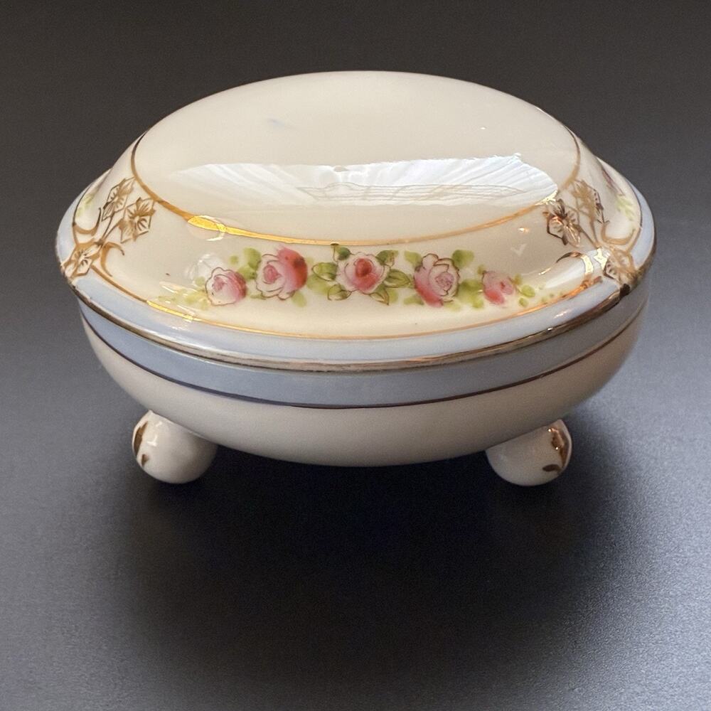 Antique Nippon Footed Covered Dish Hand Painted Roses Rising Sun Mark Japan